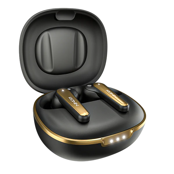RONIN Eclipse earbuds in Jet Black and Gold - case open