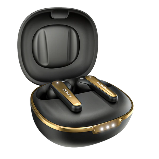 RONIN Eclipse earbuds in Jet Black and Gold - case open