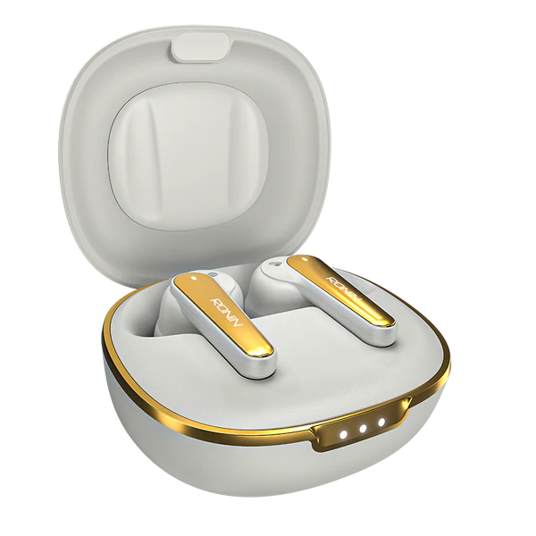 RONIN Eclipse earbuds in Snow White  and Gold - case open