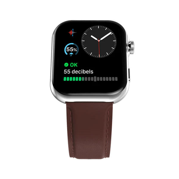 RONIN R-09 Ultra smartwatch Silver leather strap front view