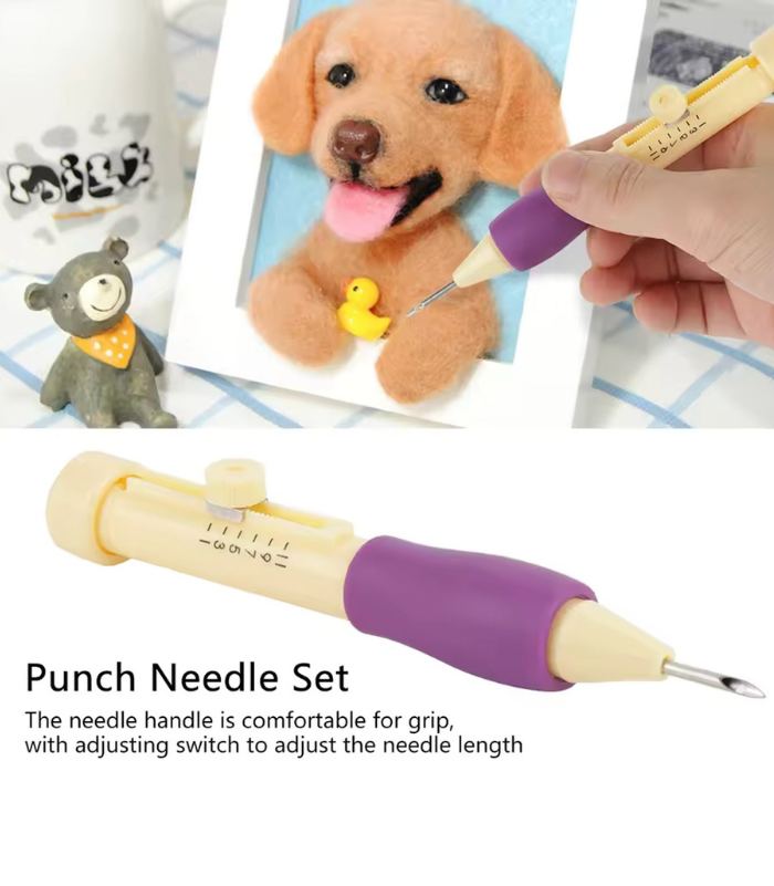 bygo-embroidery-punch-needle-pen-demo-craft-project-purple-handle Professional Punch Needle Embroidery Kit with 3 Needle Sizes – Textile & Craft Studios - Image 1