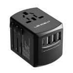 LENCENT Universal Travel Power Adapter – 5-in-1 International AC Plug with 2× USB-C, 2× USB-A & Universal Outlet (Black)