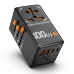 TESSAN 100W GaN Universal Travel Adapter – 5-in-1 Global Fast Charger with 2× USB-C, 2× USB-A & Universal AC Outlet (Black & Orange)