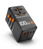 TESSAN 100W GaN Universal Travel Adapter – 5-in-1 Global Fast Charger with 2× USB-C, 2× USB-A & Universal AC Outlet (Black & Orange)