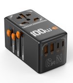 TESSAN 100W GaN Universal Travel Adapter – 5-in-1 Global Fast Charger with 2× USB-C, 2× USB-A & Universal AC Outlet (Black & Orange) - Image 2