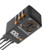 TESSAN 100W GaN Universal Travel Adapter – 5-in-1 Global Fast Charger with 2× USB-C, 2× USB-A & Universal AC Outlet (Black & Orange) - Image 4